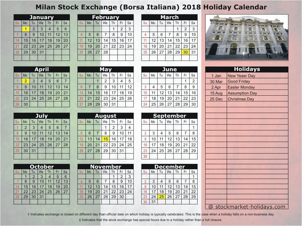 Milan Stock Exchange (Borsa Italiana) 2018 Holiday Calendar