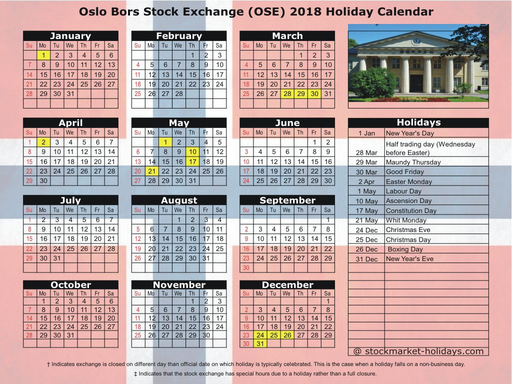 Oslo Bors Stock Exchange (OSE) 2018 Holiday Calendar