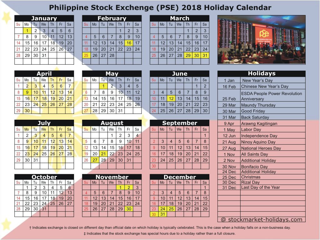 Philippine Stock Exchenge (PSE) 2018 Holiday Calendar