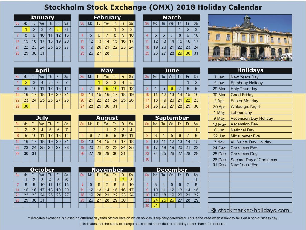 Stockholm Stock Exchange (OMX) 2018 Holiday Calendar
