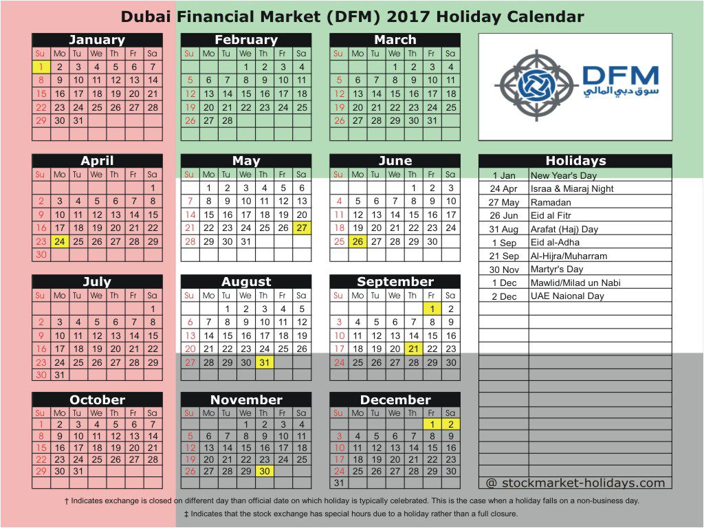 Dubai Financial Market (DFM) 2017 Holiday Calendar