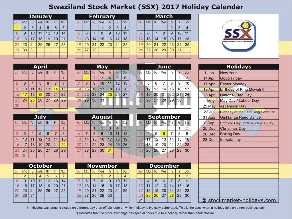 Swaziland Stock Market (SSX) 2017 Holiday Calendar