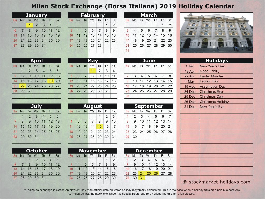 Milan Stock Exchange (Borsa Italiana) 2019 Holiday Calendar