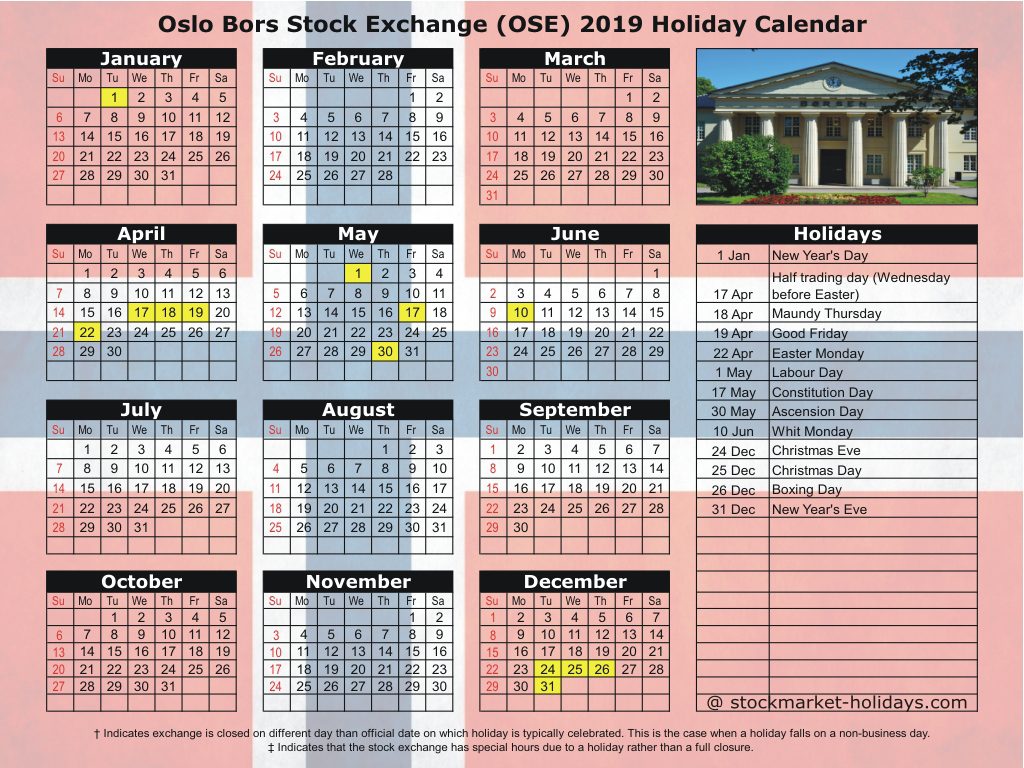 Oslo Bors Stock Exchange (OSE) 2019 Holiday Calendar