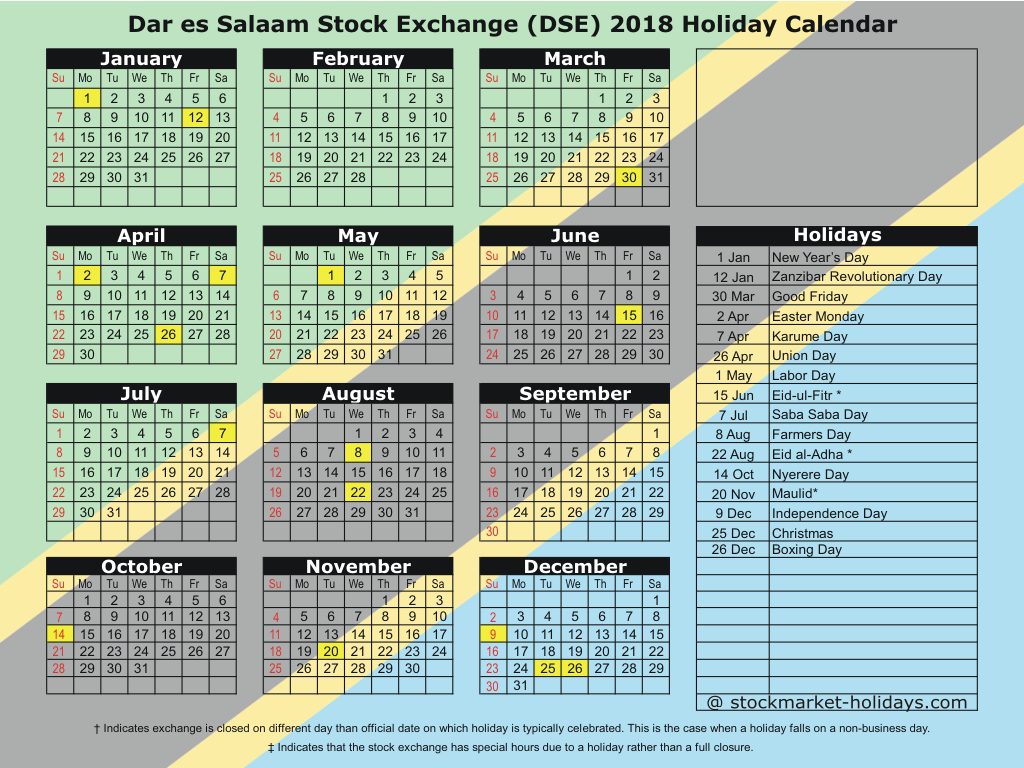 Dar es Salaam Stock Exchange (DSE) 2018 Holiday Calendar