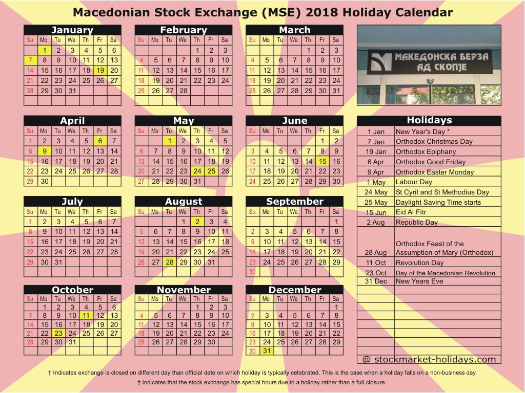 Macedonian Stock Exchange (MSE) 2018 Holiday Calendar