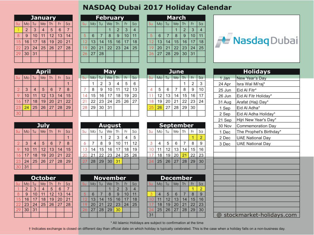 NASDAQ Dubai 2017 Holiday Calendar